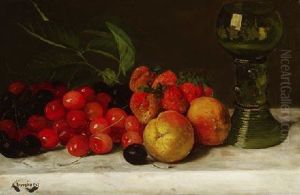 Stilleben Mit Kirschen, Erdbeeren Und Pfirsichen Bei Einem Romer by August Jernberg