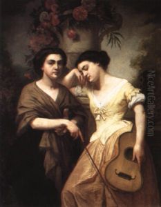 Portrait Of Two Young Ladies With Musical Instruments by August Jernberg