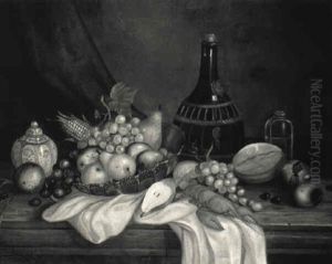 Opstilling Med Vinflaske, Hummer Og Frugter by August Jernberg