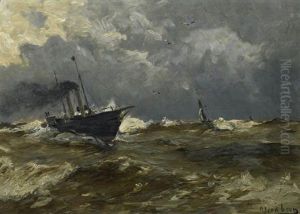 Dampfschiff Und Segler Auf Sturmischer See