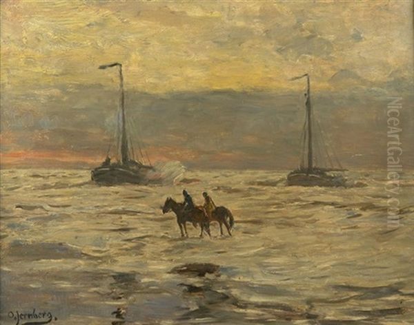 Wattlandschaft Mit Segelbooten Und Reitern Bei Untergehender Sonne - view 1