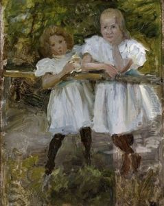 To Smapiger I Hvide Kjoler Ved Hegn (study For Gerda Og Elin)