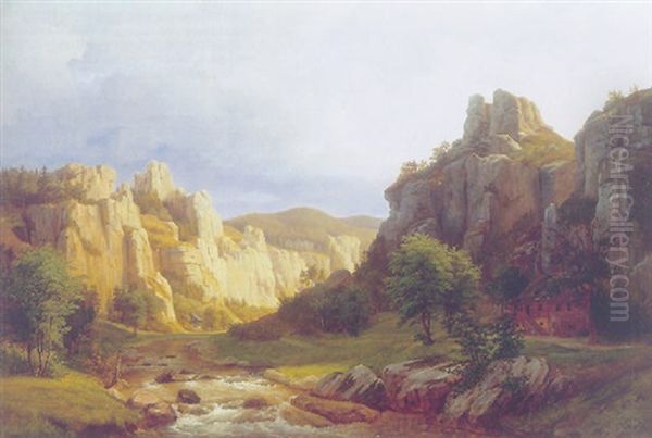 Landskab Fra Munchen Med Flod Og Bjerghytter - view 1