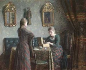 Interior Med Mor Og Datter, Der Beundrer Smykkerne I Et Gyldent Skrin Interior Med Mor Og Datter, Der Beundrer Smykkerne I Et Gyldent Skrin