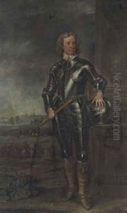 Portrait Of Oliver Cromwell, Lord Protector Of England, In Armour, A Seascape With Men-o'-war Beyond by Charles Jervas