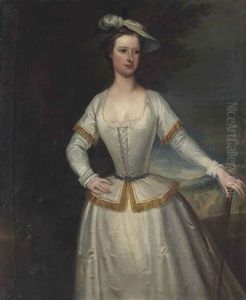 Portrait Of Jane Du Cane, Alias Du Quesne In A White Silk Dress With Golden Trimming And A Plumed Hat, A Cane In Her Left Hand, A Landscape Beyond by Charles Jervas