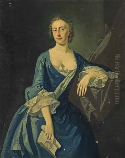 Portrait Of A Lady, Three-quarter-length, In A Blue Dress With Lace Trim, A Scroll In Her Right Hand - view 1