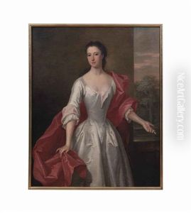 Portrait Of A Lady, Three-quarter-length, In An Oyster Satin Dress With A Red Wrap, A Landscape Beyond by Charles Jervas