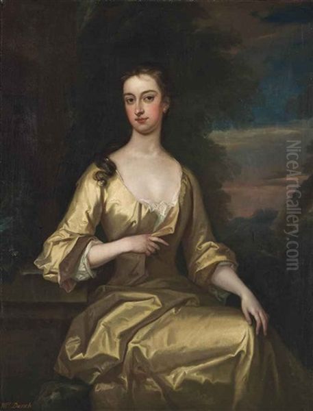 Portrait Of Elizabeth Dunch, Nee Godfrey (1683-1761), Three-quarter-length, In A Yellow Dress, In A Park Landscape - view 1