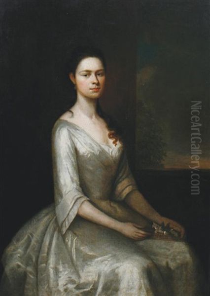 Portrait Of A Lady In A White Dress Holding A Tray Of Flowers - view 1
