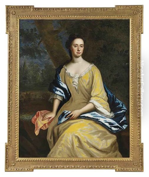 Portrait Of A Lady In A Yellow Dress And Blue Wrap, In A Landscape - view 1