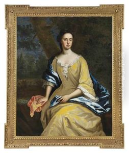 Portrait Of A Lady In A Yellow Dress And Blue Wrap, In A Landscape by Charles Jervas