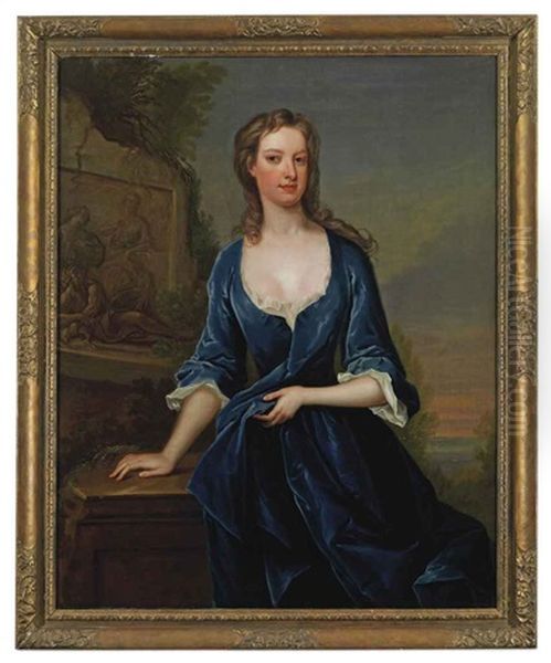 Portrait Of A Lady In A Blue Dress Beside Classical Relief, A Lake Beyond - view 1
