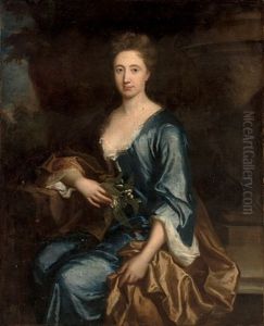 Portrait Of A Lady In A Blue Dress And Brown Wrap, Orange Blossom In Her Right Hand