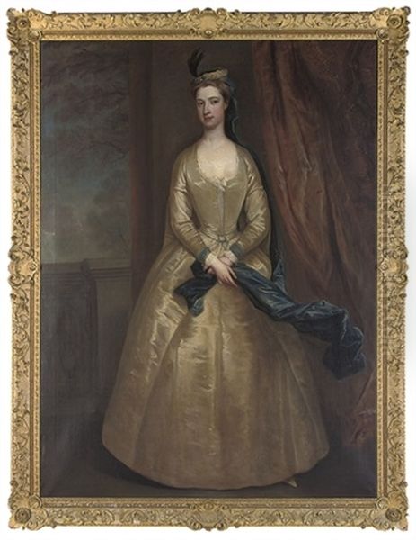 Portrait Of Lady Barbara North, In An Oyster Satin Dress And A Blue Wrap, On A Terrace - view 1