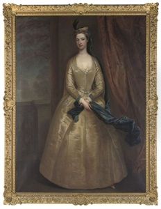 Portrait Of Lady Barbara North, In An Oyster Satin Dress And A Blue Wrap, On A Terrace
