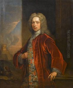 Portrait Of A Gentleman, Three-quarter-length, In A Red Velvet Coat And An Embroidered Waistcoat, A View To A Battle Beyond Portrait Of A Gentleman, Three-quarter-length, In A Red Velvet Coat And An Embroidered Waistcoat, A View To A Battle Beyond