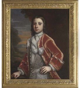 Portrait Of A Young Man In A Red Coat And Silver Waistcoat, Holding A Ring In His Right Hand, A Landscape Beyond