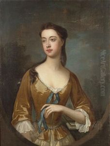 Portrait Of A Lady (mrs Yelverton?), Half-length, In A Gold Satin Dress With A Blue Ribbon, Leaning On A Marble Plinth