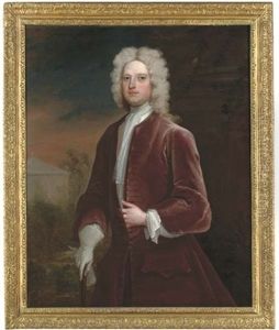 Portrait Of Sir Edward Bacon, Three-quarter-length, In A Maroon Coat, With A Walking Stick In His Right Hand, By A Column, In A Landscape, A Classical Building Beyond