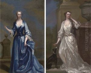 Portrait Of Maria Skerrett, Lady Walpole In A Blue Dress On A Balcony (+ Portrait Of The Countess Of Bridgewater In A White Dress With A Dog By Her Side by Charles Jervas