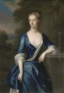 Portrait Of A Lady, Three-quarter-length, (elizabeth Partheriche?) In A Blue Dress With A Landscape Beyond by Charles Jervas