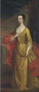 Portrait Of The Duchess Of Dorset, Full-length, In A Yellow Dress And Red Wrap, A Pavilion In A Garden Beyond