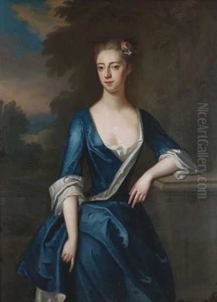 Portrait Of A Lady (elizabeth Patheriche?) Standing Three-quarter-length, In A Blue And White Dress With Flowers In Her Hair - view 1