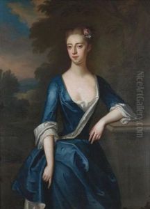 Portrait Of A Lady (elizabeth Patheriche?) Standing Three-quarter-length, In A Blue And White Dress With Flowers In Her Hair by Charles Jervas