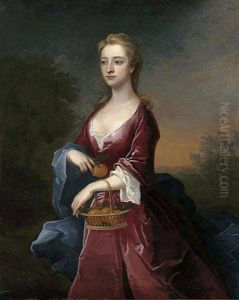 Portrait Of The Hon. Mary Digby In A Maroon Dress And Blue Wrap, Holding A Basket Of Oranges On Her Left Arm, An Orange In Her Right Hand by Charles Jervas