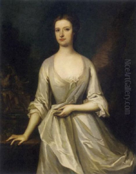 Portrait Of A Lady In A White Dress, A Fountain Beyond - view 1