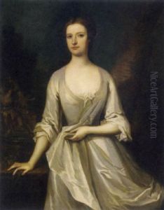 Portrait Of A Lady In A White Dress, A Fountain Beyond