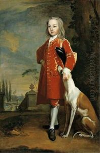 Portrait Of A Boy In A Red Coat, A Dog By His Side, In A Landscape