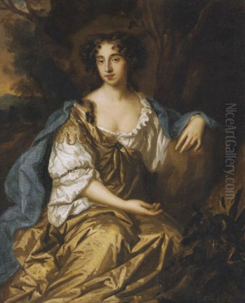 Portrait Of Mrs. Trevor In An Ochre Dress And Blue Mantle, Seated In A Wooded Landscape - view 1