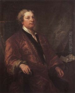 Portrait Of A Gentleman In A Dark Blue Coat And A Burgundy Gown, At A Table