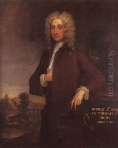 Portrait Of Robert, Second Son Of William, Lord Digby, In A Brown Coat, A Classical Italianate Landscape With Figures By A River Beyond by Charles Jervas