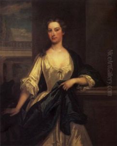 Portrait Of A Lady In A White Dress With A Blue Wrap, On A Terrace, A Dog At Her Side