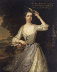 Portrait Of The Hon. Henrietta Townshend In A Landscape, Wearing A White Satin Dress With A Lace Apron And A Straw Hat by Charles Jervas