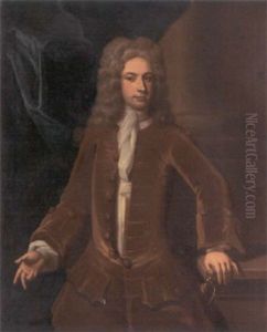 Portrait Of A Gentleman In A Brown Coat, His Left Hand Resting On A Plinth, Before A Column by Charles Jervas