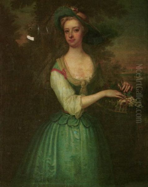 Portrait Of A Lady Wearing A Blue Dress And Holding A Basket Of Flowers, A Landscape Beyond - view 1