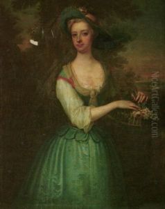 Portrait Of A Lady Wearing A Blue Dress And Holding A Basket Of Flowers, A Landscape Beyond by Charles Jervas