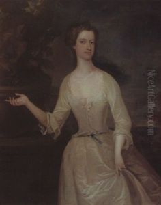 Portrait Of Lady Bayly, Standing In A Landscape Before A Carved Stone Fountain Wearing A White Dress by Charles Jervas