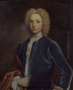 Portrait Of A Gentleman Wearing A Blue Coat With A White Stock, A Red Cloak Over His Arm