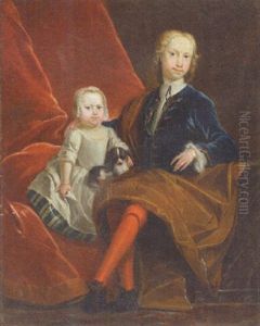 Portrait Of A Gentleman And His Child With A Dog Before A Draped Curtain