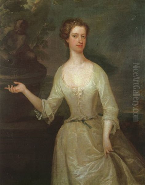Portrait Of Lady Bayly Standing In A Landscape Before A Carved Stone Fountain Wearing A White Dress - view 1