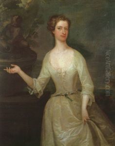 Portrait Of Lady Bayly Standing In A Landscape Before A Carved Stone Fountain Wearing A White Dress by Charles Jervas
