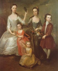 A Family Portrait With Four Sisters In White, Blue, Red And Yellow Dresses Holding Fruit And Flowers With Their Brother