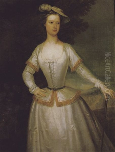 Portrait Of Jane Du Cane Wearing A White Dress Trimmed With Gold Edging, And A Hat - view 1