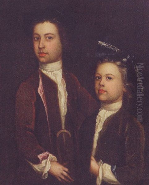 Double Portrait Ot Two Boys In Brown Coats And Black Hats - view 1