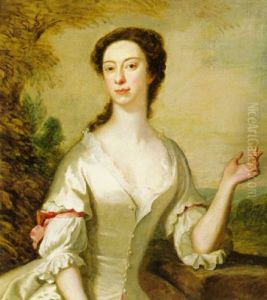 Portrait Of A Lady Wearing A Gray Silk Dress In A Garden Landscape by Charles Jervas
